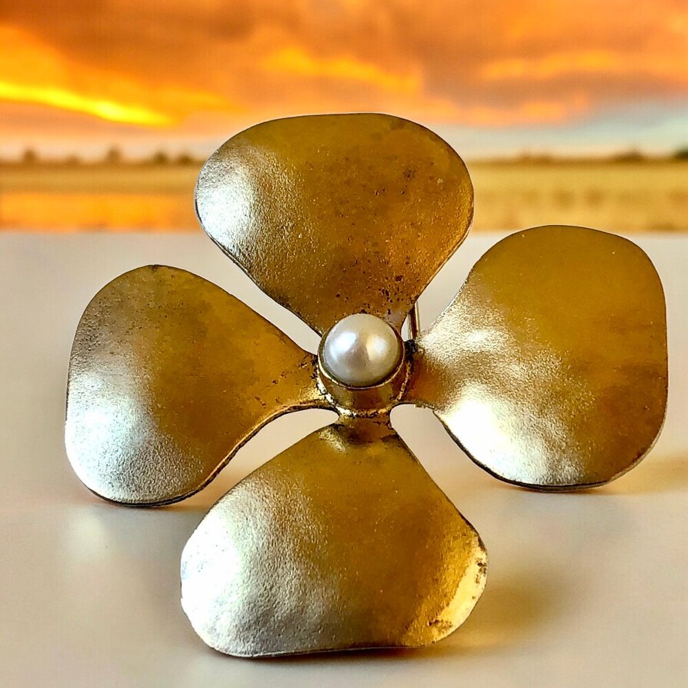 Van Peterson Four Leaf Clover Brooch Gold Vermeil over Sterling Silver Silver